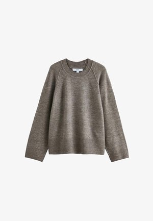 Brauner Strickpullover mit Rundhalsausschnitt, gerippten Bündchen und Saum. Hat eine lockere Passform und eine strukturierte Stoffqualität. Etikett im Kragen sichtbar.