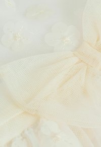 Tessuto a rete crema con applicazioni floreali e cuciture delicate, caratterizzato da un dettaglio a fiocco testurizzato. Materiale morbido e traslucido.