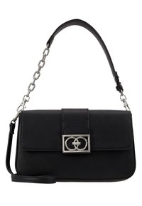 Black leather handbag with a smooth texture, featuring a silver chain and strap, rectangular shape, and a prominent metallic buckle closure.