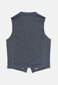 Mörkblå väst med ett mönstrat textur, ärmlös design och en något rundad bakre nederkant. Har en slät innerfoder.