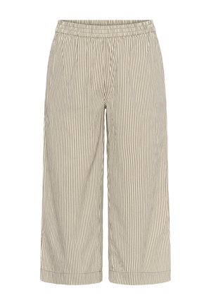 Bež i bijele široke kratke hlače s okomitim prugama, elastičnim pojasom i bez vidljivih džepova.