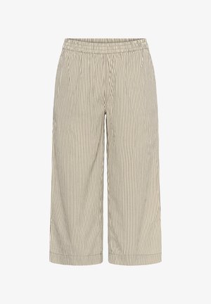 Beżowe i białe, pionowo paskowane szerokie spodnie capri z elastycznym pasem i bez widocznych kieszeni.