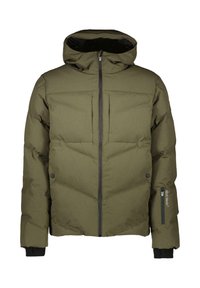 Olijfgroen pufferjack met een capuchon, voorzien van een ritssluiting aan de voorkant, elastische manchetten en twee ritszakken aan de zijkant. Getextureerd materiaal en stiksel details.