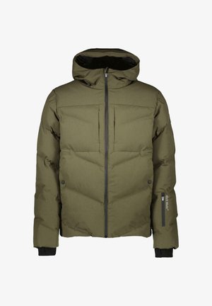 Doudoune vert olive avec capuche, dotée d'une fermeture éclair à l'avant, de poignets élastiques et de deux poches latérales zippées. Matière texturée et détails de couture.