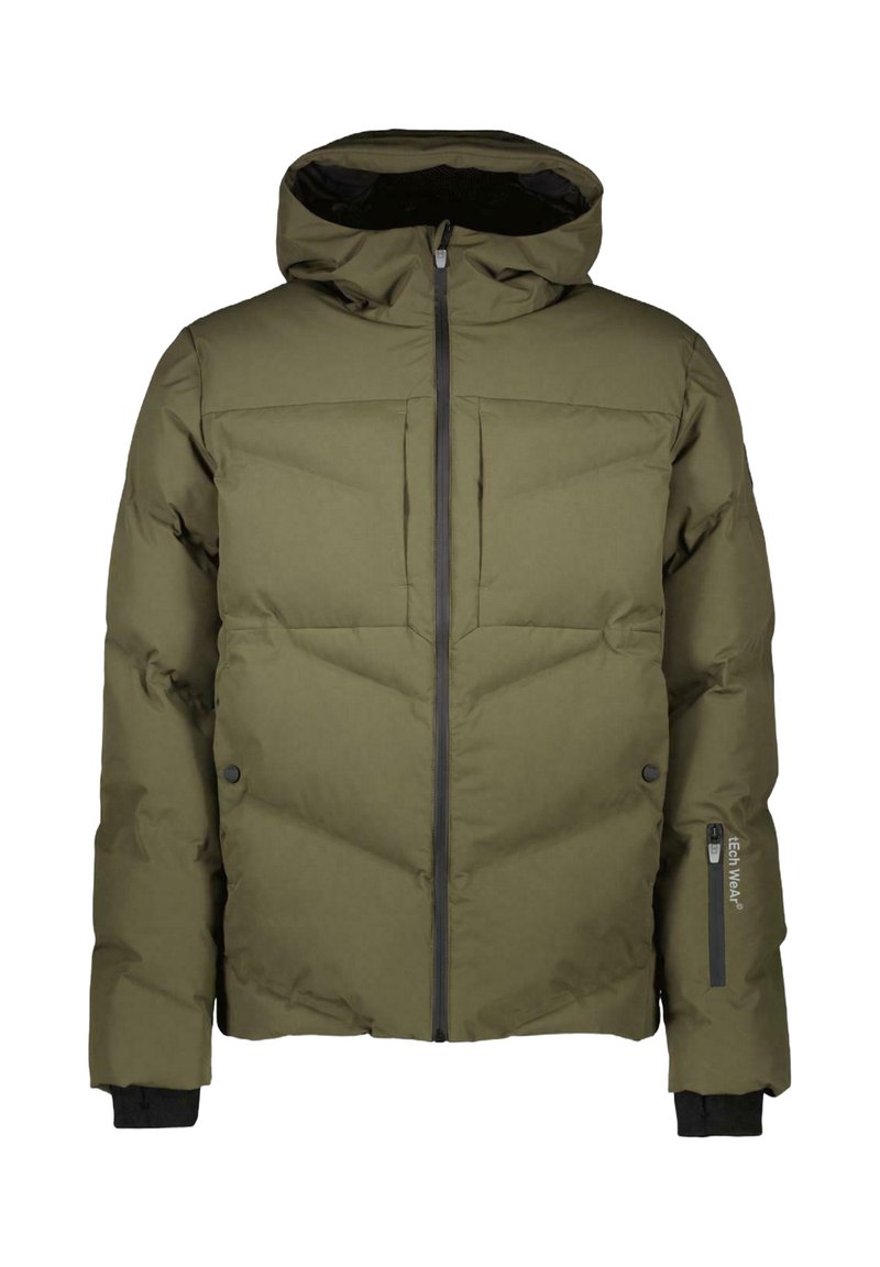 Olijfgroen pufferjack met een capuchon, voorzien van een ritssluiting aan de voorkant, elastische manchetten en twee ritszakken aan de zijkant. Getextureerd materiaal en stiksel details.