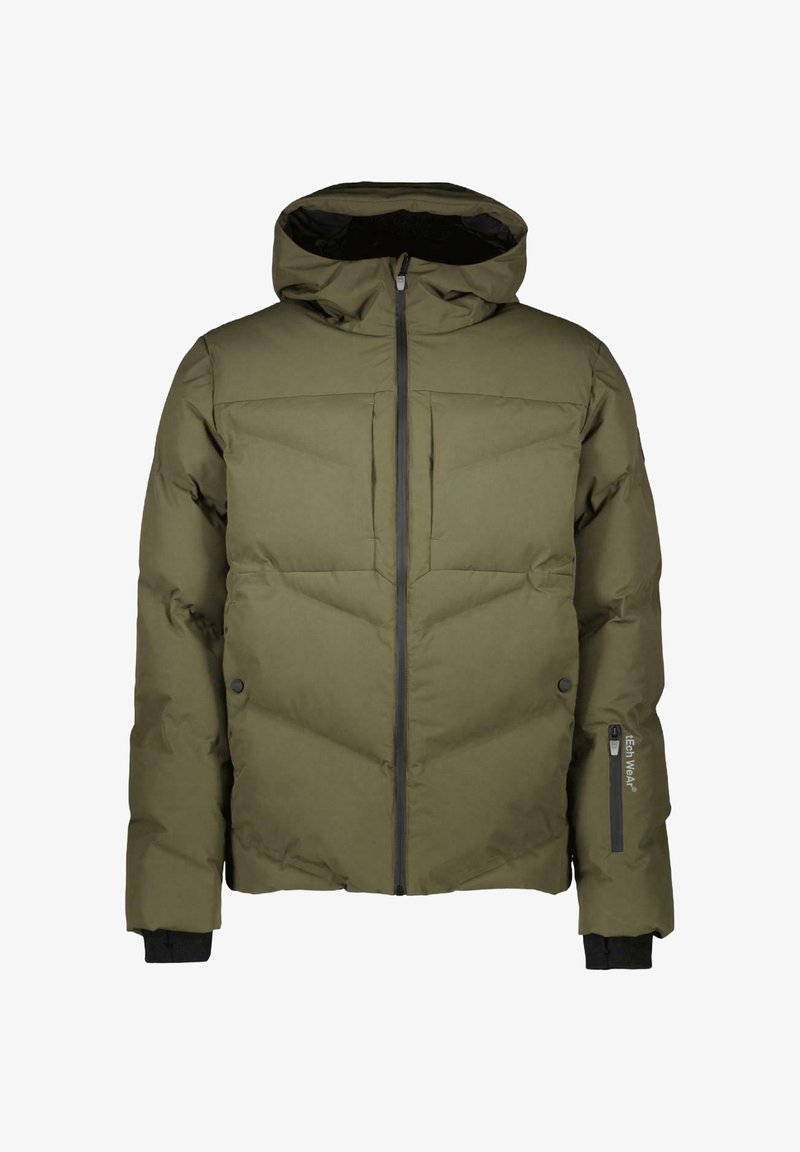 Olijfgroen pufferjack met een capuchon, voorzien van een ritssluiting aan de voorkant, elastische manchetten en twee ritszakken aan de zijkant. Getextureerd materiaal en stiksel details.