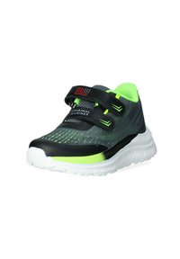 Scarpa atletica nera e verde fluo con due strap in velcro, tomaia testurizzata e suola bianca ammortizzata, caratterizzata da un design in rete e un logo.