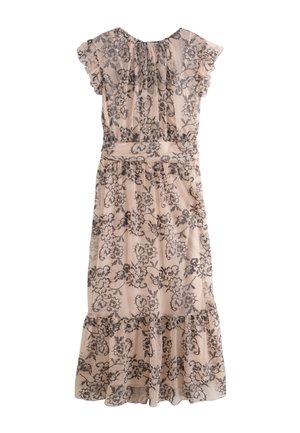 Vestido midi rosa claro con superposición de encaje floral negro, mangas cortas con volantes, cintura ajustada y detalle de bajo con volantes.