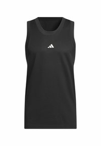 Czarny bezrękawnik sportowy z siateczkowego materiału, z okrągłym dekoltem i małym białym logo na piersi.