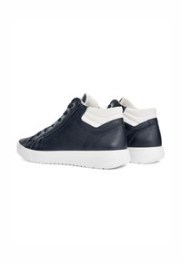 Navy leather high-top sneakers with white accents, textured surface, round toe, and lace-up closure. Features a padded collar and cushioned sole.