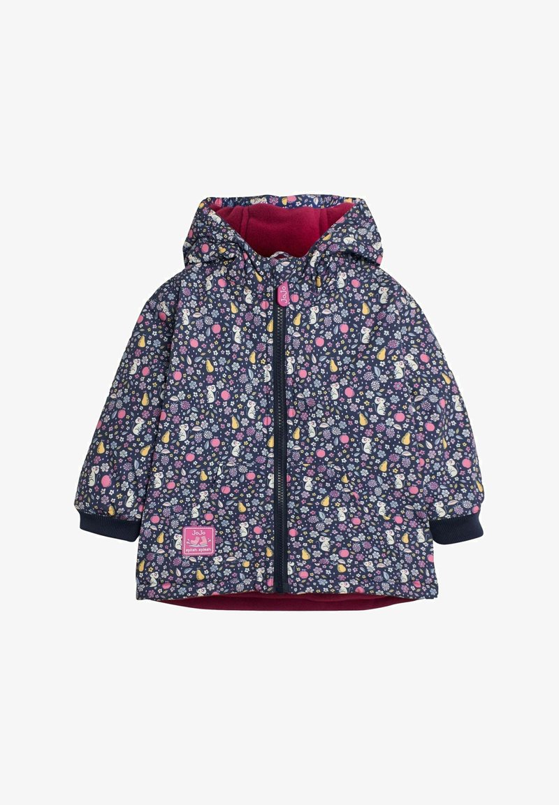 Giacca navy con motivo floreale, dotata di cappuccio, foderata in tessuto bordeaux, con zip frontale e polsini elasticizzati. Etichetta con marchio in fondo.