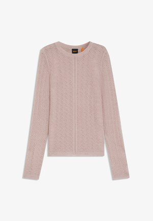 Helles rosa, strukturiertes Pullover mit einem Zickzackmuster, Rundhalsausschnitt und langen Ärmeln. Verfügt über eine zentrale Naht und gerippte Akzente am Saum.