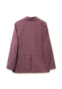 Blazer a quadri viola con colletto a risvolto, maniche lunghe e uno spacco sul retro; presenta un tessuto texture con un motivo a griglia.