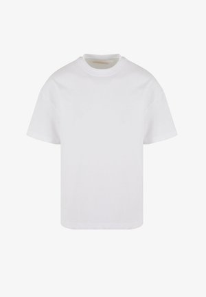 T-shirt bianca in cotone, maniche corte, scollo rotondo. Design semplice con una trama liscia e orlo dritto. Nessun motivo o accento.