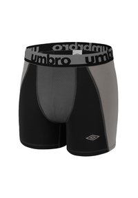 Caleçons de sport noirs et gris avec un panneau en maille respirante, une ceinture élastique arborant le logo "Umbro" et des coutures plates pour le confort.