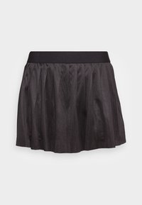 Saia plissada preta com um cós elástico, feita de um tecido suave. A saia tem um design evasé e um comprimento curto.