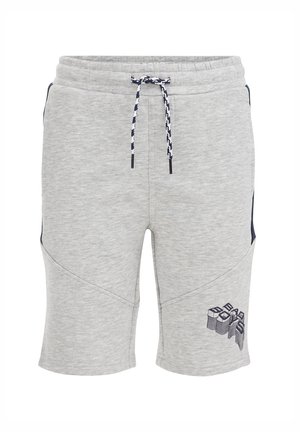 Hellgraue Herren-Casual-Shorts mit marineblauen Seitenpaneelen, verstellbarem Tunnelzugbund und gestapeltem Blocklogo am unteren rechten Bein.