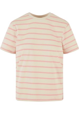 T-shirt en coton avec des rayures horizontales en rose clair et crème. Manches courtes, col ras du cou et coupe décontractée. Pas de quincaillerie ou d'accents visibles.