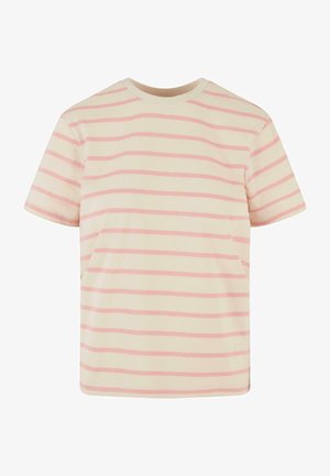 Koszula bawełniana z poziomymi paskami w jasnym różu i kremie. Krótkie rękawy, okrągły dekolt i luźny krój. Brak widocznych elementów metalowych lub zdobień.