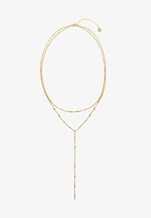 Collana placcata oro con due catene distinte; una presenta un ciondolo con anelli allungati, mentre l'altra ha piccoli accenti rotondi.