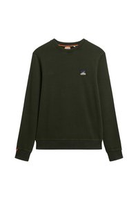 Donkergroen crewneck sweatshirt met lange mouwen, ribgebreide manchetten, zoom en een klein rechthoekig logo-patch van een berg op de linkerborst.