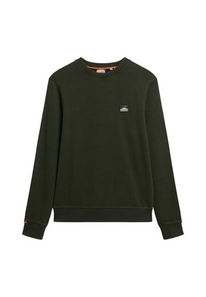 Mørkegrøn crewneck sweatshirt med lange ærmer, ribbede manchetter, kant og et lille rektangulært bjerglogo-patch på venstre bryst.