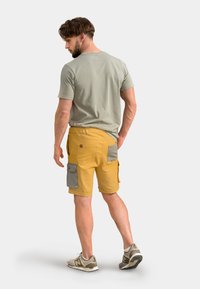 Shorts cargo jaunes avec accents gris, dotés de plusieurs poches et d'une coupe classique. Associé à une chemise à manches courtes vert clair.