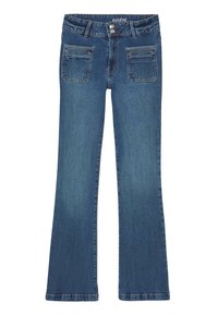 Jean en denim bleu évasé avec un lavage moyen, comportant deux poches arrière, une fermeture zippée et un bouton à la taille.