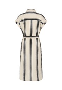 Robe beige longueur genou avec rayures noires verticales et horizontales, manches courtes, col et ceinture assortie à la taille, vue de dos.