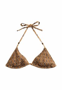 Brun triangelbikinitopp med mönstrad textur, knyts i nacke och rygg, med vita och mörkbruna accenter i en blommig design.