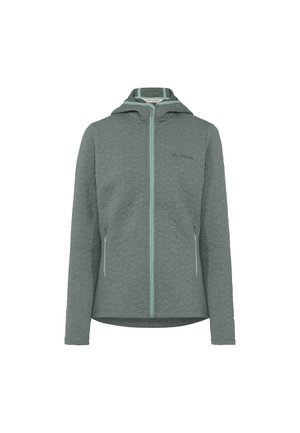 Veste verte matelassée à fermeture éclair et capuche. Comprend une fermeture éclair contrastante en vert clair et deux poches latérales. Tissu texturé et détail de logo sur la poitrine.