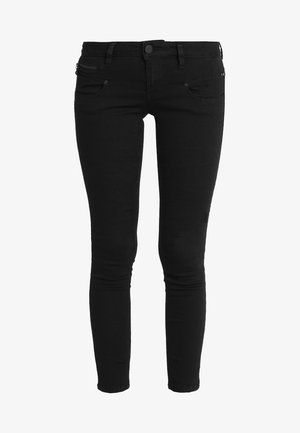 Jeans skinny neri in denim, con tasca con zip, chiusura a bottone e classica progettazione a cinque tasche. Texture liscia e forma aderente.