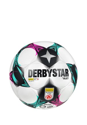 Weißer Fußball mit schwarzen, türkisen und pinkfarbenen Sternmustern, gebrandet mit "DERBYSTAR" und mit dem Admiral Bundesliga-Logo.
