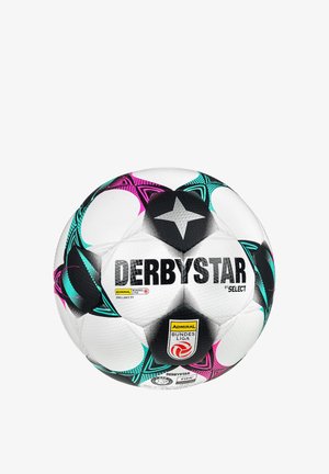 Pallone da calcio bianco con motivi a stelle nere, turchesi e rosa, marchiato "DERBYSTAR" e che mostra il logo Admiral Bundesliga.