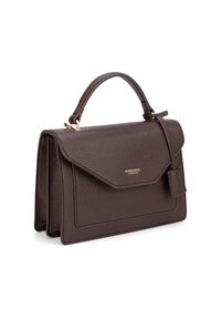 Borsa a mano in pelle marrone con design strutturato, superficie testurizzata, hardware dorato, manico superiore e tracolla staccabile.