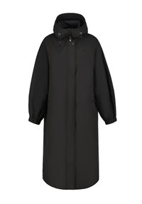 Cappotto nero impermeabile con un design lungo e largo, cappuccio, dettagli con coulisse e polsini elastici. Texture liscia e stile minimalista.