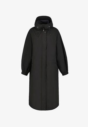 Cappotto nero impermeabile con un design lungo e largo, cappuccio, dettagli con coulisse e polsini elastici. Texture liscia e stile minimalista.