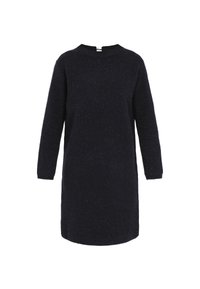 Robe tricotée bleu marine à manches longues avec un col rond et une fermeture éclair au dos. Texture douce avec une coupe légèrement ample.