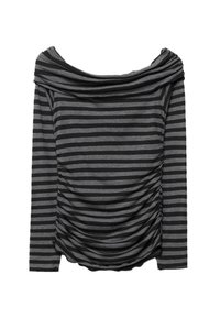 Top a righe nere e grigie con scollo drappeggiato, maniche lunghe e trama plissettata sui lati. Tessuto morbido, design aderente.
