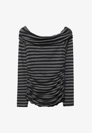 Crni i sivi prugasti top s naboranim izrezom, dugim rukavima i naboranim teksturama uz bočne strane. Mekani materijal, uski kroj.