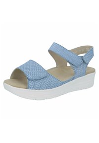 Blaue gewebte Sandalen mit einer weißen Wedge-Sohle, offenen Zehen und verstellbaren Klettverschlüssen für einen sicheren Sitz.