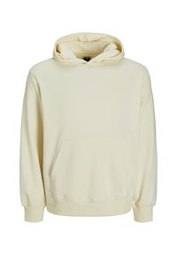 Cremefarvet hoodie lavet af blødt stof. Har en kengurulomme, ribbede manchetter og en hætte med snøre. Minimalistisk design uden mønstre.