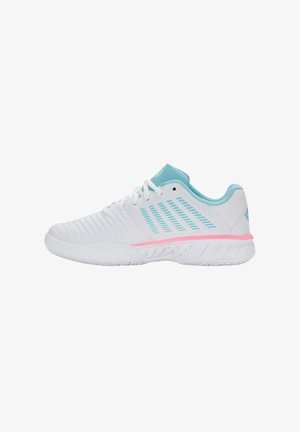 White athletic shoe with light blue accents, lace-up design, textured sole, and a pink stripe above the midsole.