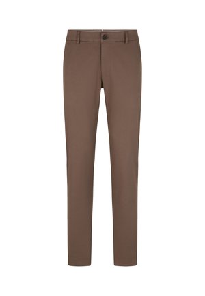 Pantaloni marroni slim-fit in cotone con una texture liscia. Presentano una chiusura frontale con bottone, passanti per cintura e tasche laterali.