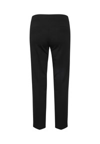 Schwarze, maßgeschneiderte Hose mit engem Schnitt, mit zwei hinteren Paspeltaschen auf weißem einfarbigem Hintergrund.