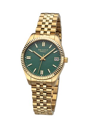 Montre en métal doré avec un cadran texturé vert, index argentés, aiguilles dorées, affichage de la date à 3 heures et bracelet à maillons.