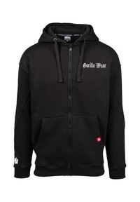 Melns zip-up džemperis, izgatavots no kokvilnas maisījuma; ar priekšējo logotipu, divām sānu kabatām un sarkanu uzšuvumu uz kreisās kabatas.