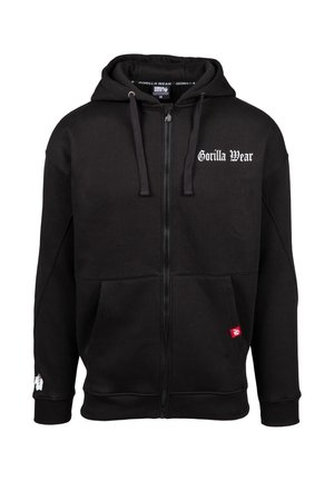Zwarte zip-up hoodie gemaakt van een katoenmix; heeft een logo aan de voorkant, twee zijzakken en een rode accenttag op de linker zak.