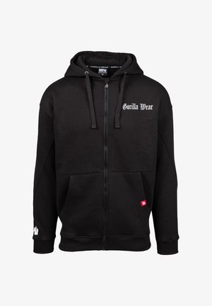 Zwarte zip-up hoodie gemaakt van een katoenmix; heeft een logo aan de voorkant, twee zijzakken en een rode accenttag op de linker zak.