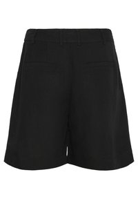 Zwarte linnen short met een relaxte fit, voorzien van twee achterzakken en rechte zoom, met een gladde, gestructureerde stof.